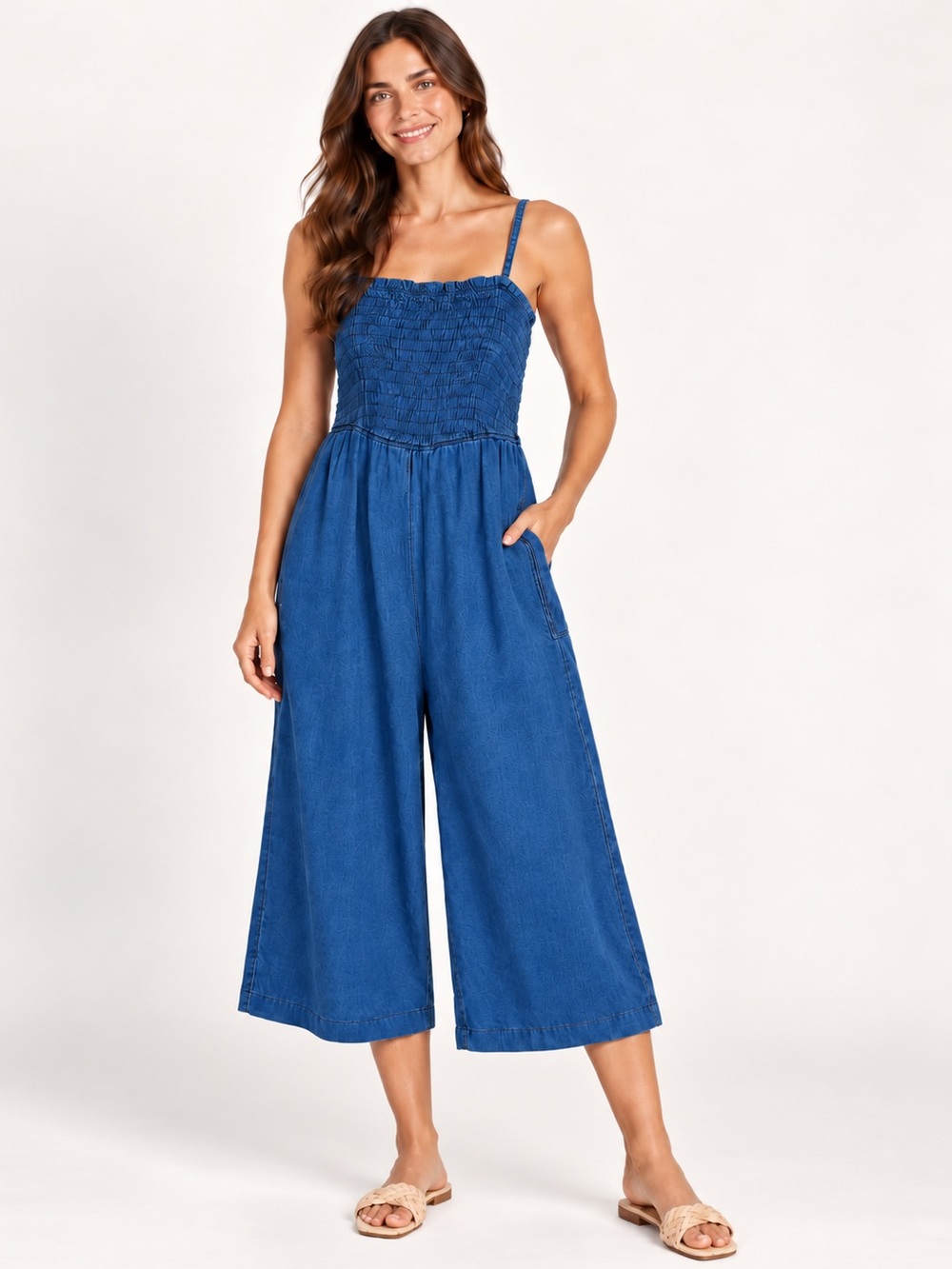 Anthropologie Pilcro Smocked Denim Wide Leg Jumpsuit L 100% Cotton Chambray